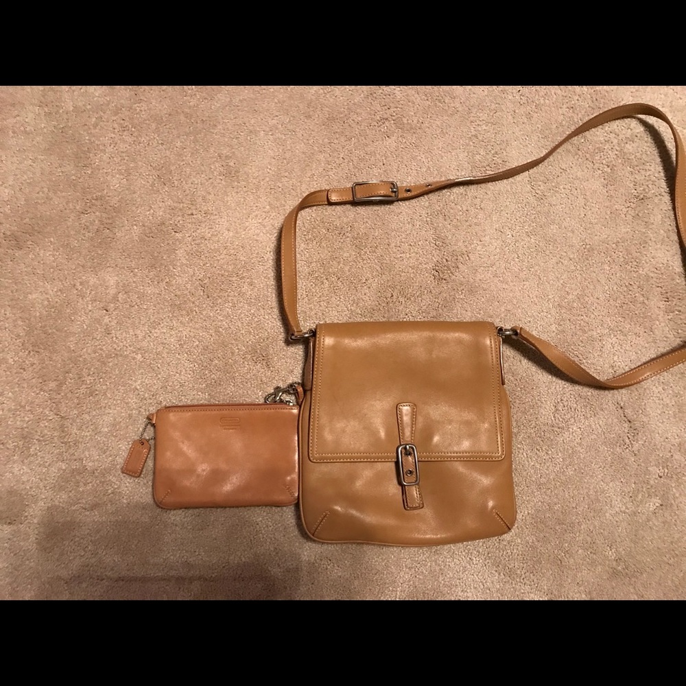 Coach tan leather crossbody and wristlet